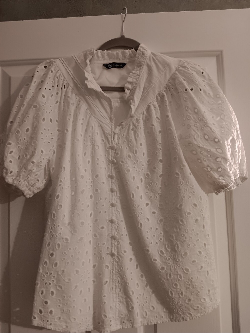 PrettyGarden Eyelet Button-Front Puff Sleeve Top - White